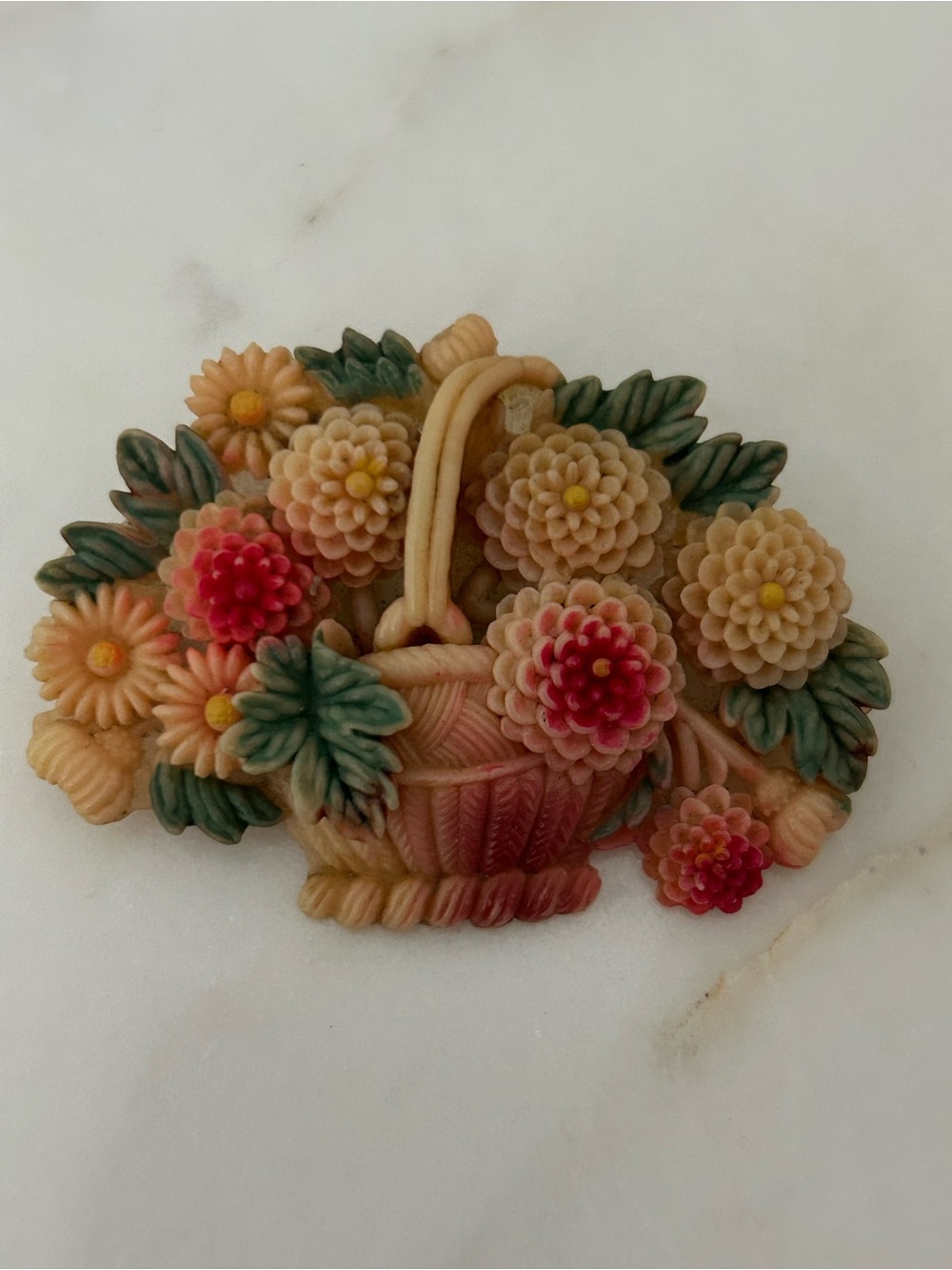 Delicate Multi-Coloured Celluloid Floral Basket Brooch